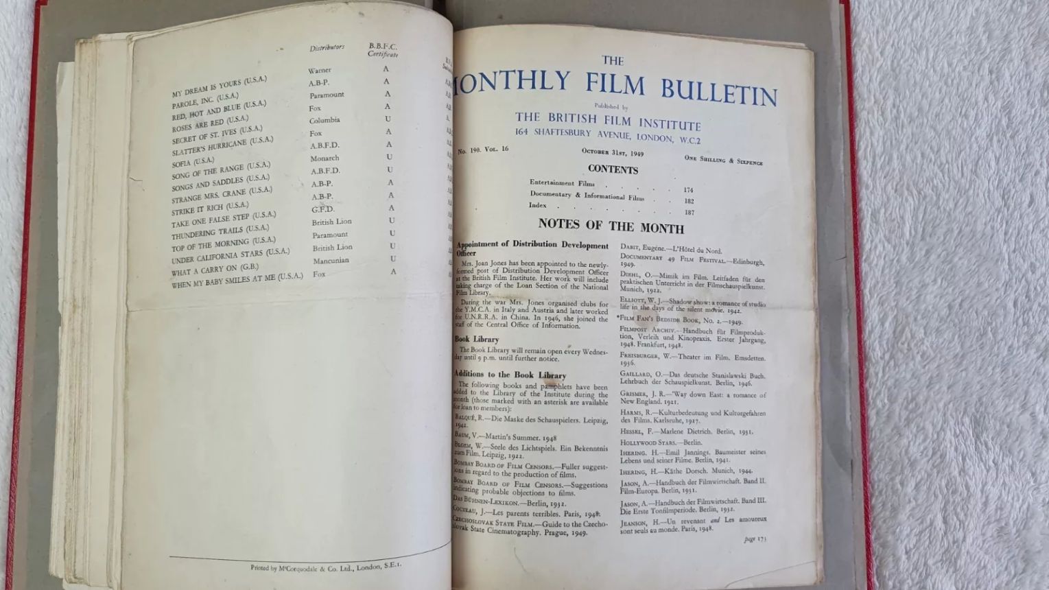 MONTHLY FILM BULLETIN magazine side cover Issue 190 October 1949