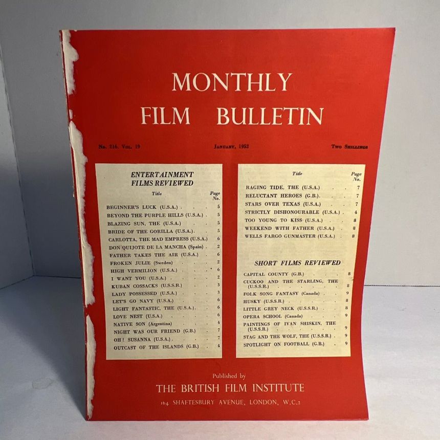 MONTHLY FILM BULLETIN magazine side cover Issue 216 January 1952