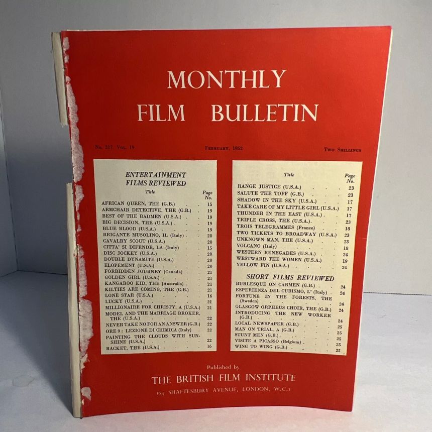 MONTHLY FILM BULLETIN magazine side cover Issue 217 February 1952