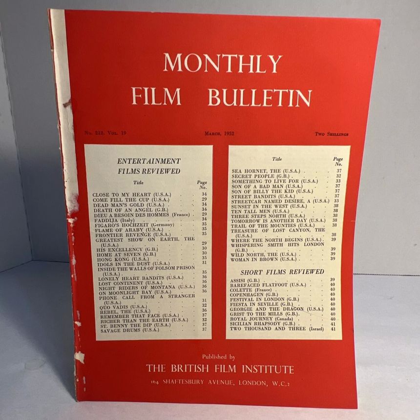 MONTHLY FILM BULLETIN magazine side cover Issue 218 March 1952