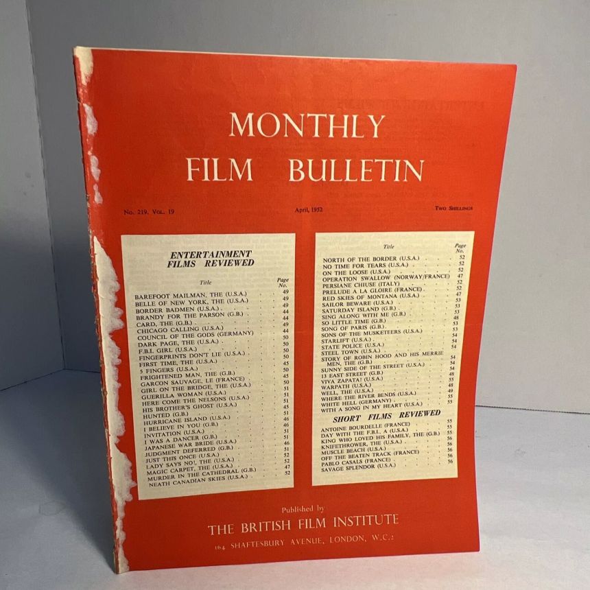 MONTHLY FILM BULLETIN magazine side cover Issue 219 April 1952