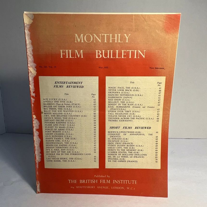 MONTHLY FILM BULLETIN magazine side cover Issue 220 May 1952