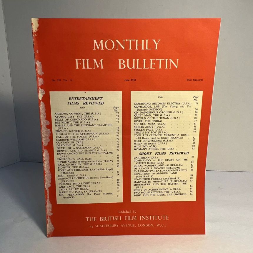 MONTHLY FILM BULLETIN magazine side cover Issue 221 June 1952