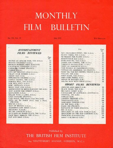 MONTHLY FILM BULLETIN magazine side cover Issue 222 July 1952