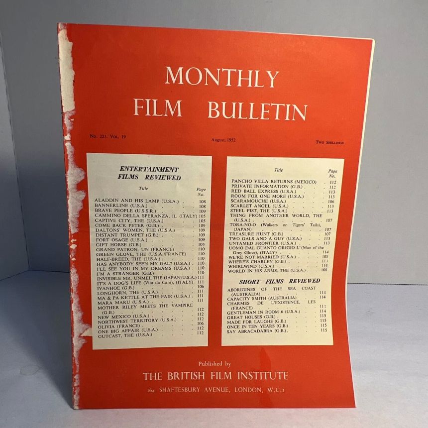 MONTHLY FILM BULLETIN magazine side cover Issue 223 August 1952