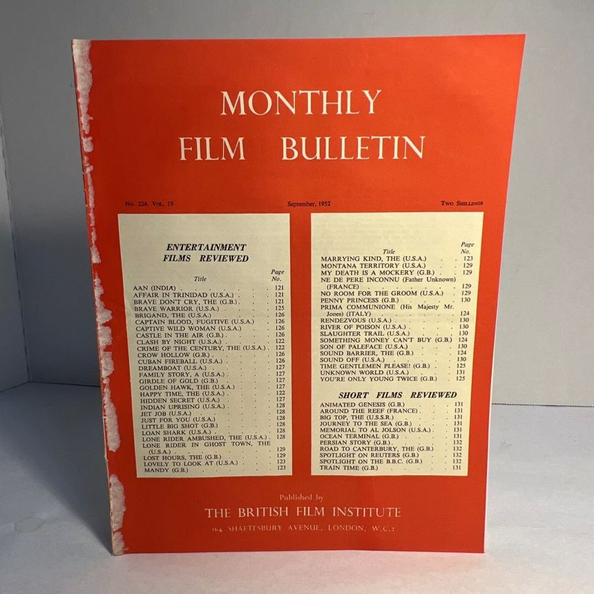 MONTHLY FILM BULLETIN magazine side cover Issue 224 September 1952