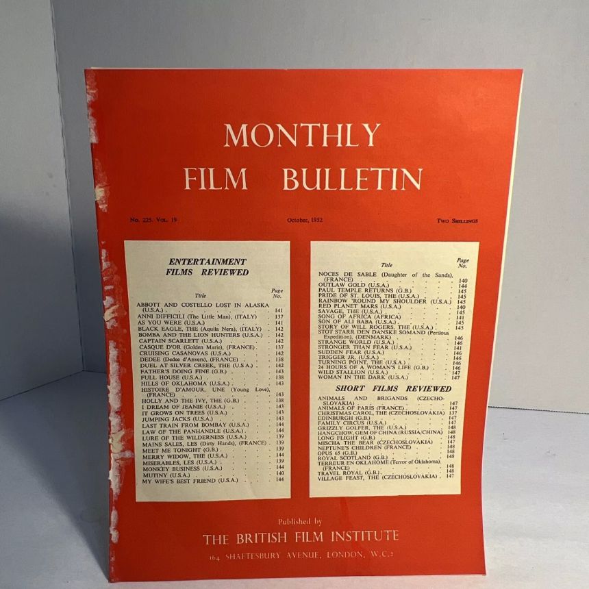 MONTHLY FILM BULLETIN magazine side cover Issue 225 October 1952