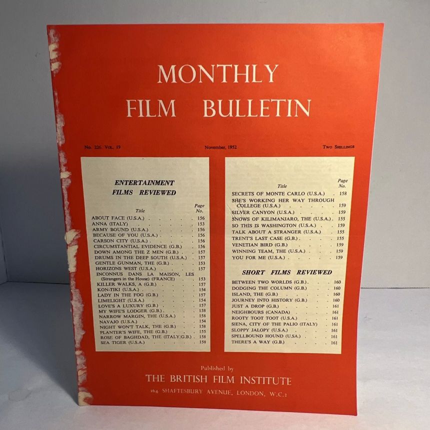 MONTHLY FILM BULLETIN magazine side cover Issue 226 November 1952