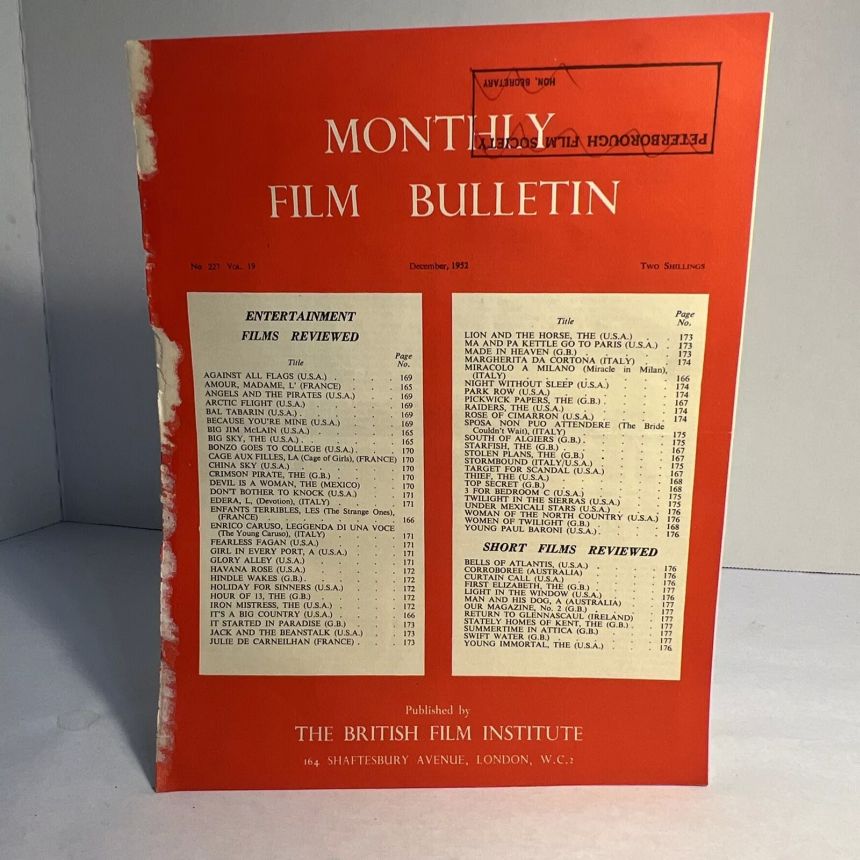 MONTHLY FILM BULLETIN magazine side cover Issue 227 December 1952