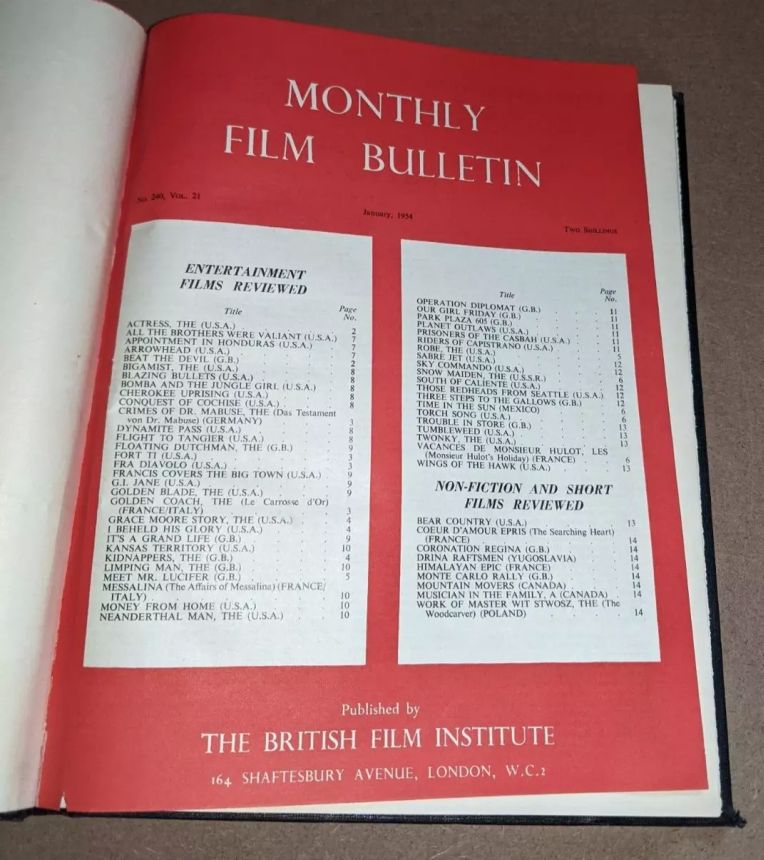 MONTHLY FILM BULLETIN magazine side cover Issue 240 January 1954