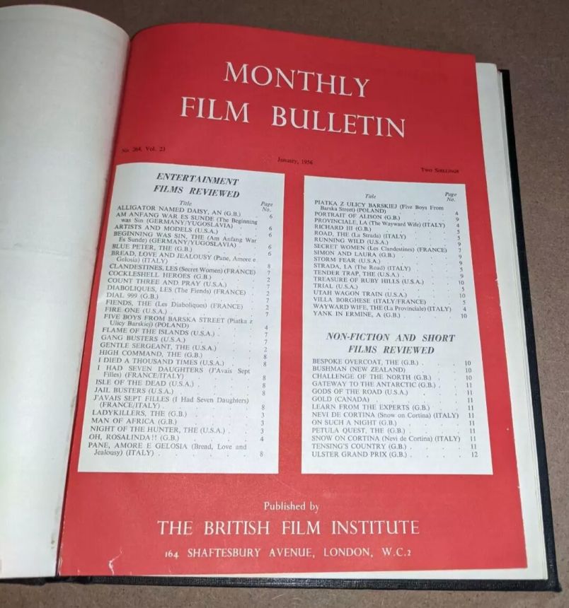 MONTHLY FILM BULLETIN magazine side cover Issue 264 January 1956