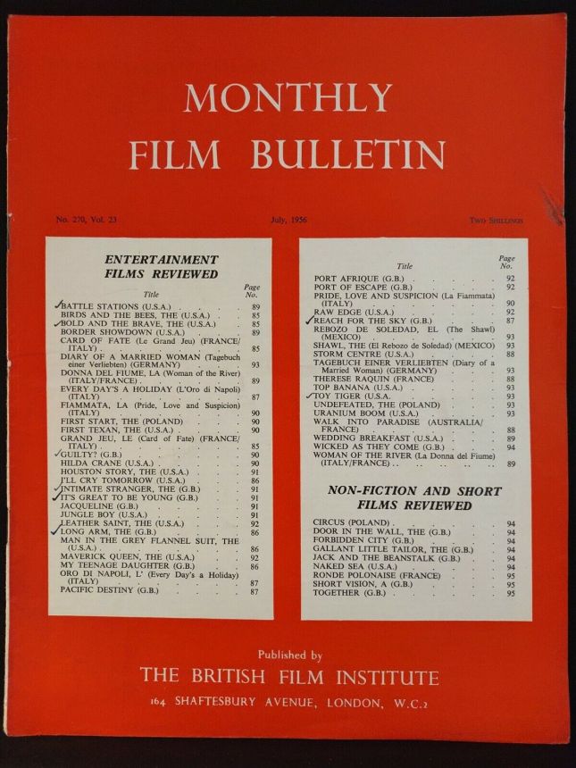 MONTHLY FILM BULLETIN magazine side cover Issue 270 July 1956