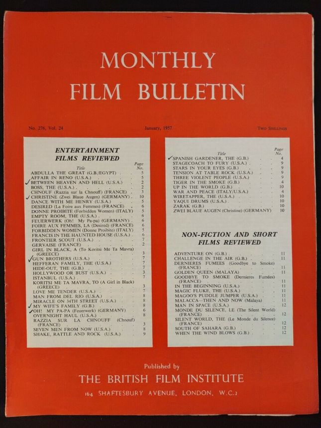 MONTHLY FILM BULLETIN magazine side cover Issue 276 January 1957