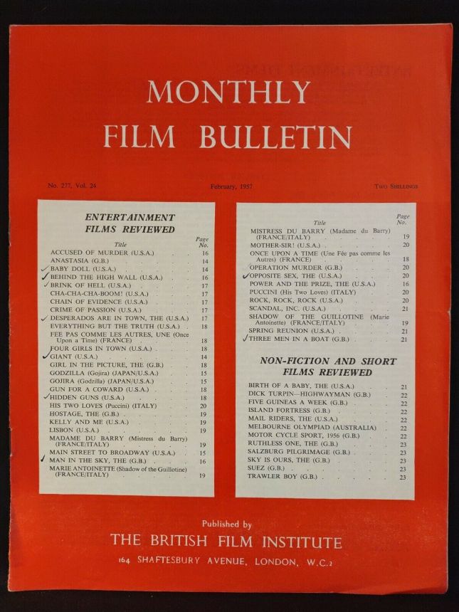 MONTHLY FILM BULLETIN magazine side cover Issue 277 February 1957