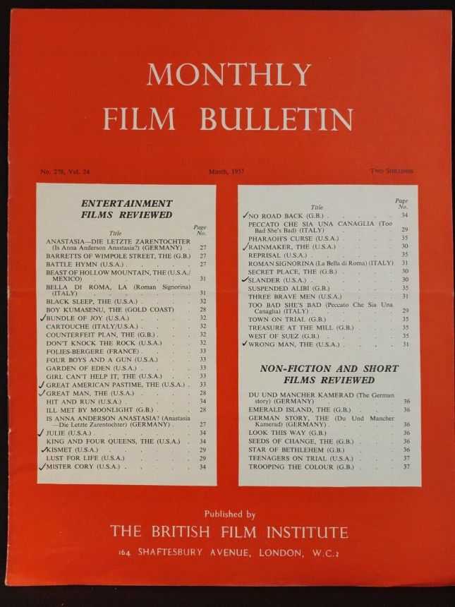 MONTHLY FILM BULLETIN magazine side cover Issue 278 March 1957