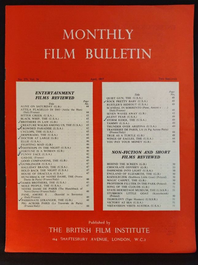 MONTHLY FILM BULLETIN magazine side cover Issue 279 April 1957