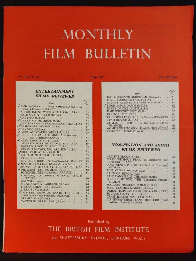 MONTHLY FILM BULLETIN magazine side cover Issue 280 May 1957