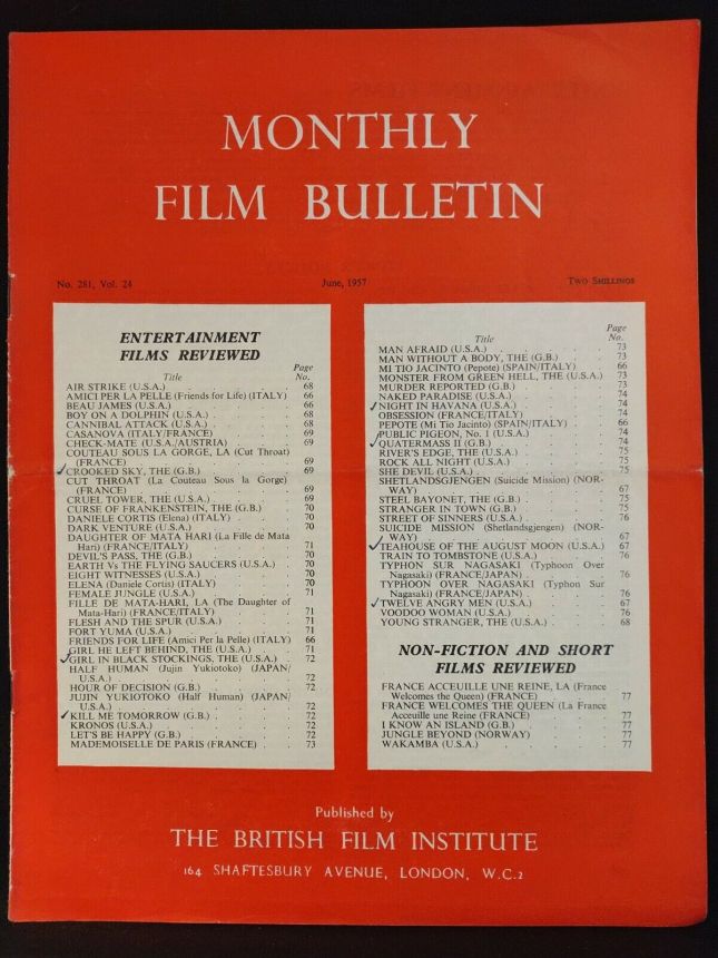 MONTHLY FILM BULLETIN magazine side cover Issue 281 June 1957