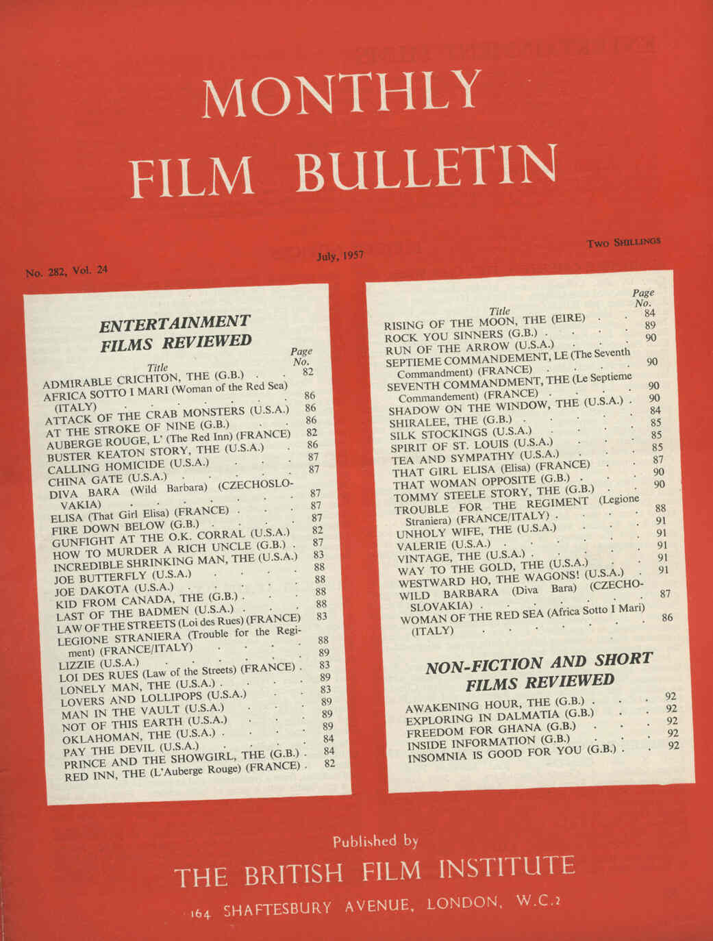 MONTHLY FILM BULLETIN magazine side cover Issue 282 July 1957