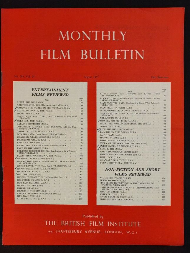 MONTHLY FILM BULLETIN magazine side cover Issue 283 August 1957