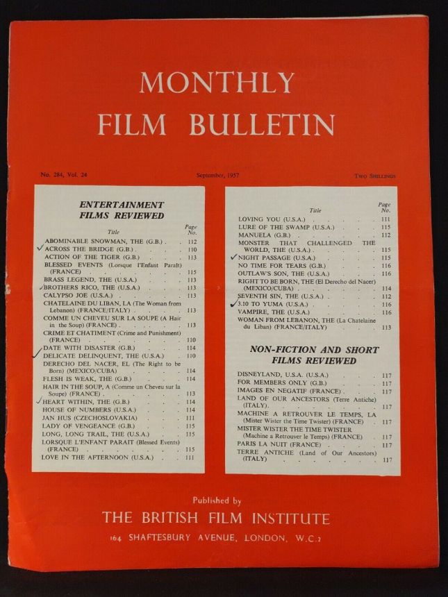 MONTHLY FILM BULLETIN magazine side cover Issue 284 September 1957