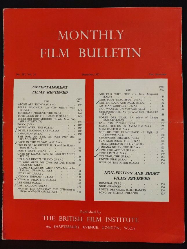 MONTHLY FILM BULLETIN magazine side cover Issue 287 December 1957