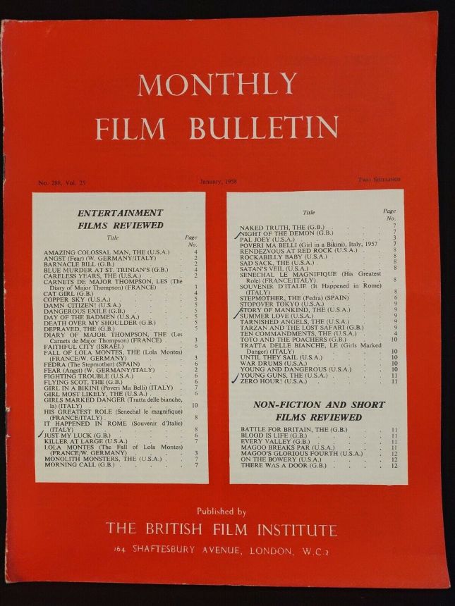 MONTHLY FILM BULLETIN magazine side cover Issue 288 January 1958