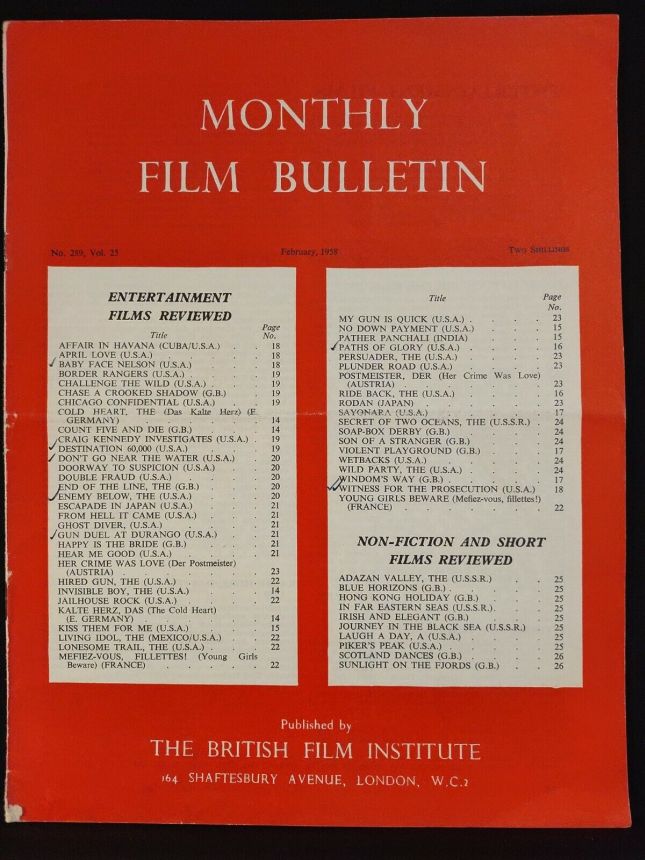 MONTHLY FILM BULLETIN magazine side cover Issue 289 February 1958