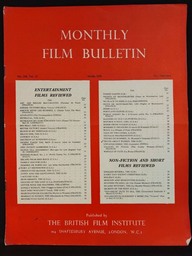 MONTHLY FILM BULLETIN magazine side cover Issue 290 March 1958