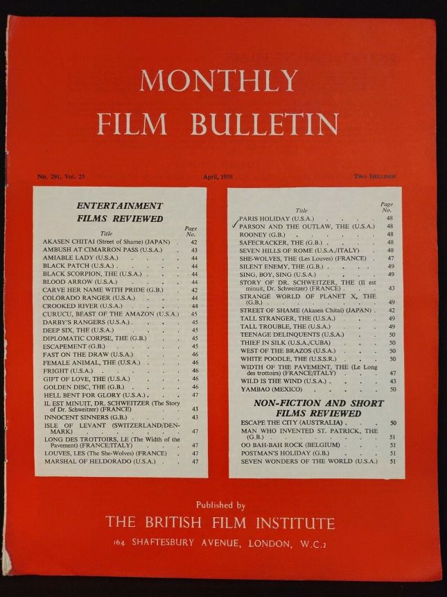 MONTHLY FILM BULLETIN magazine side cover Issue 291 April 1958