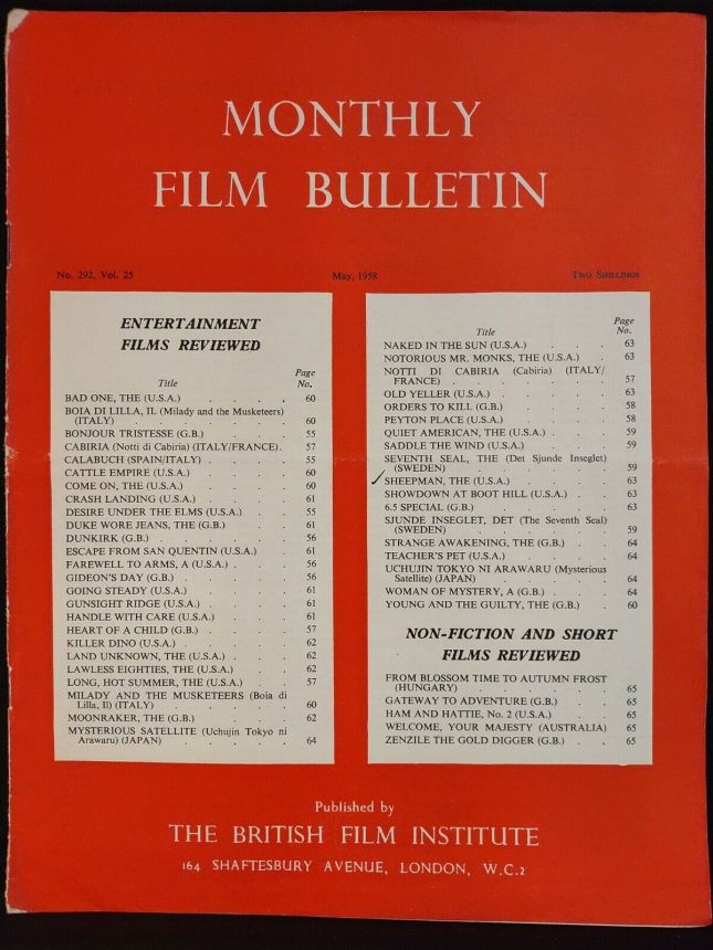 MONTHLY FILM BULLETIN magazine side cover Issue 292 May 1958