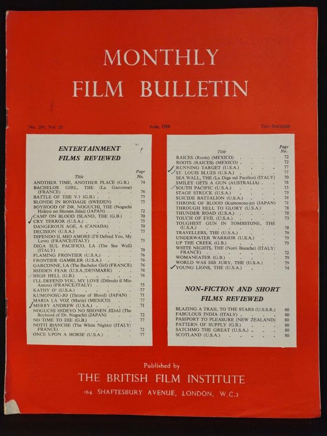MONTHLY FILM BULLETIN magazine side cover Issue 293 June 1958