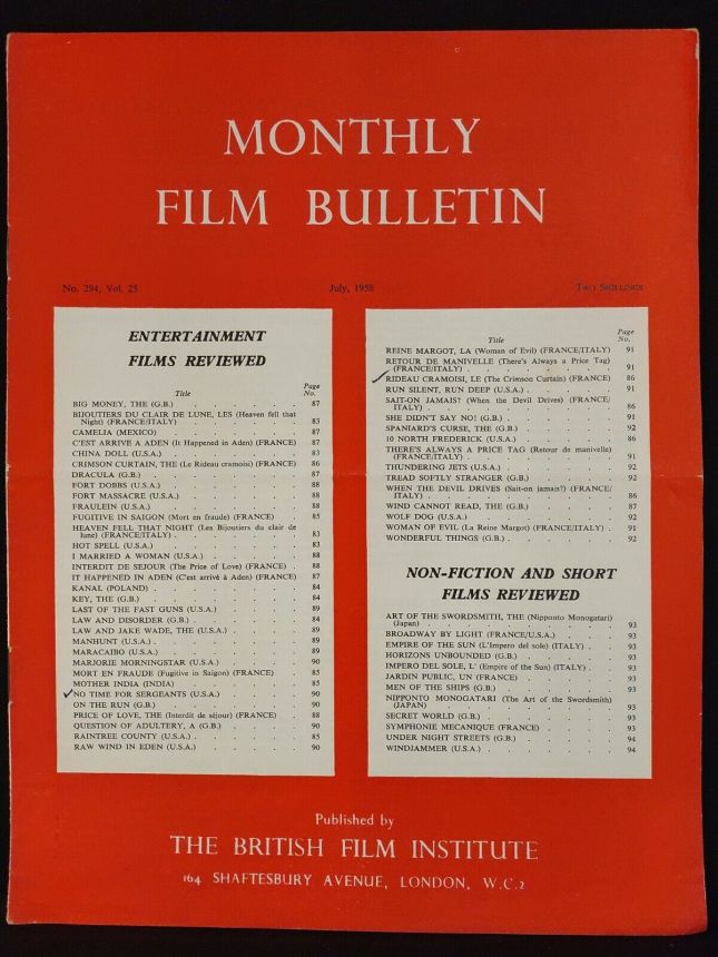 MONTHLY FILM BULLETIN magazine side cover Issue 294 July 1958