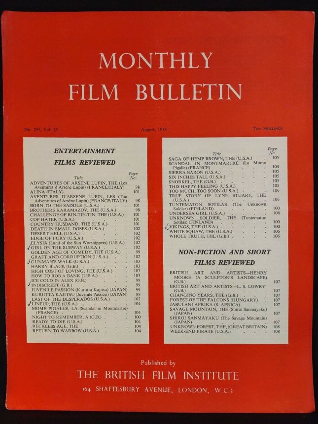 MONTHLY FILM BULLETIN magazine side cover Issue 295 August 1958
