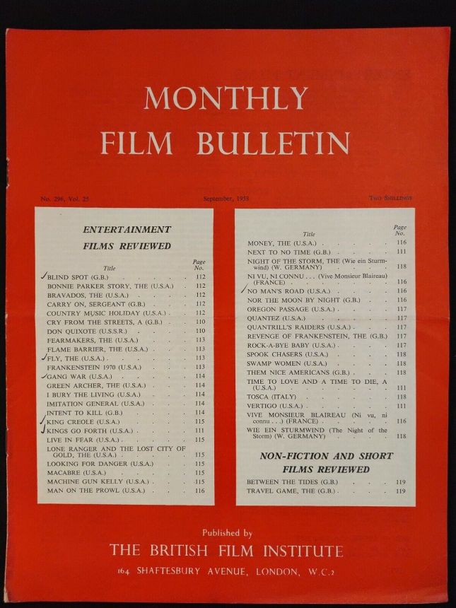 MONTHLY FILM BULLETIN magazine side cover Issue 296 September 1958