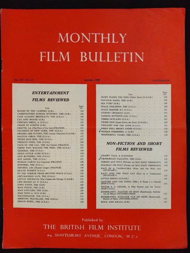 MONTHLY FILM BULLETIN magazine side cover Issue 297 October 1958