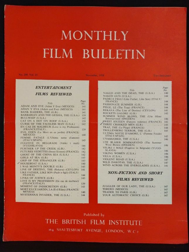 MONTHLY FILM BULLETIN magazine side cover Issue 298 November 1958