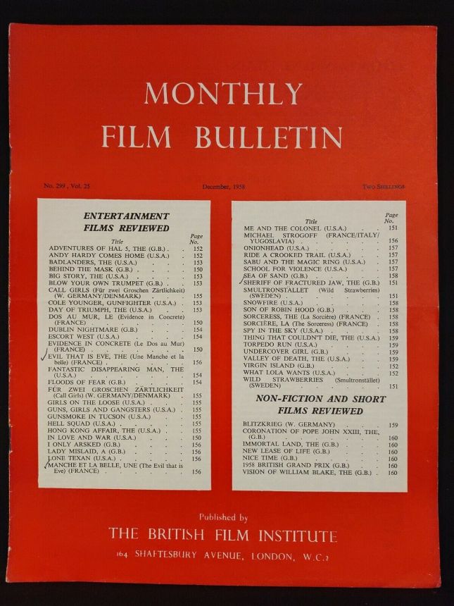 MONTHLY FILM BULLETIN magazine side cover Issue 299 December 1958
