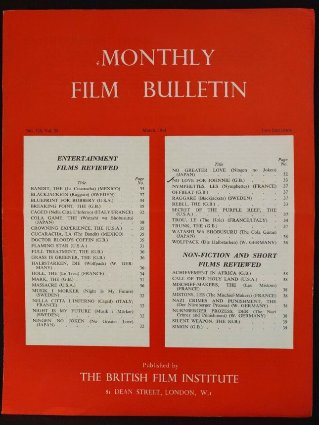 MONTHLY FILM BULLETIN magazine side cover Issue 326 March 1961
