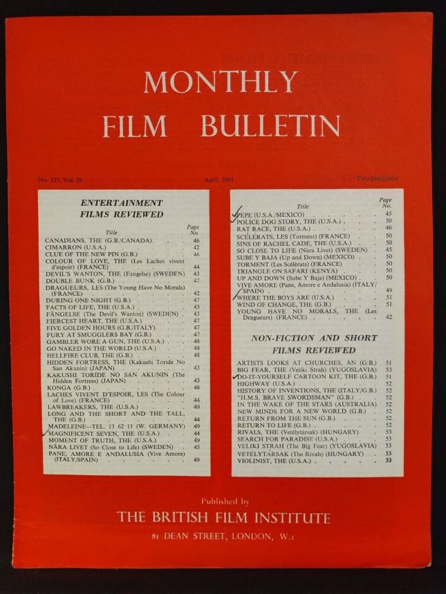 MONTHLY FILM BULLETIN magazine side cover Issue 327 April 1961
