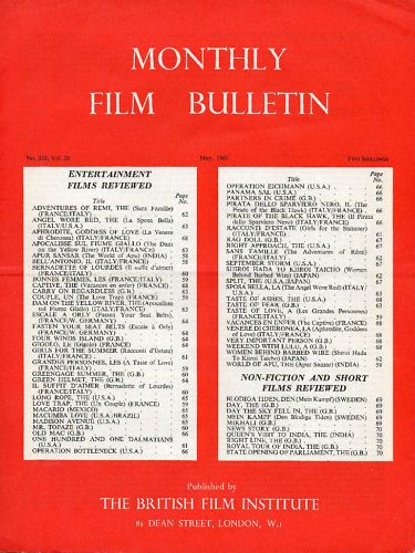 MONTHLY FILM BULLETIN magazine side cover Issue 328 May 1961