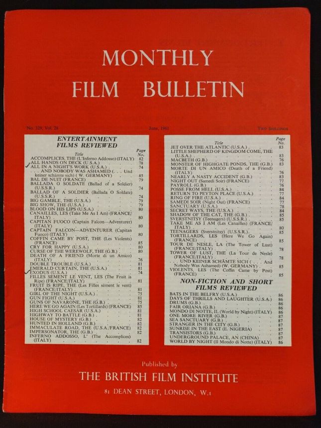 MONTHLY FILM BULLETIN magazine side cover Issue 329 June 1961