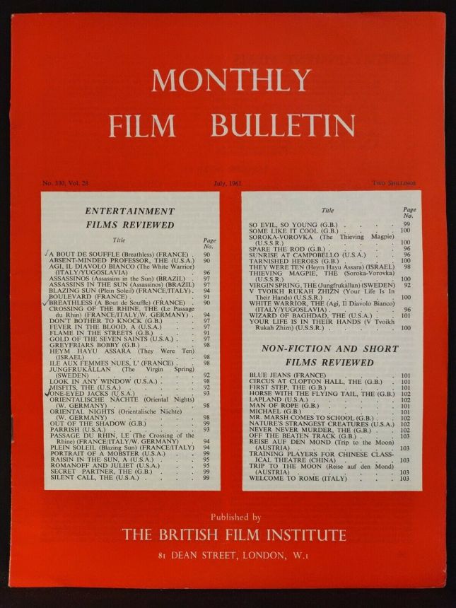 MONTHLY FILM BULLETIN magazine side cover Issue 330 July 1961
