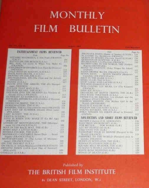 MONTHLY FILM BULLETIN magazine side cover Issue 331 August 1961