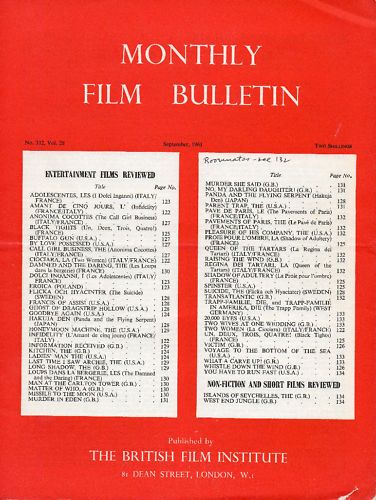 MONTHLY FILM BULLETIN magazine side cover Issue 332 September 1961