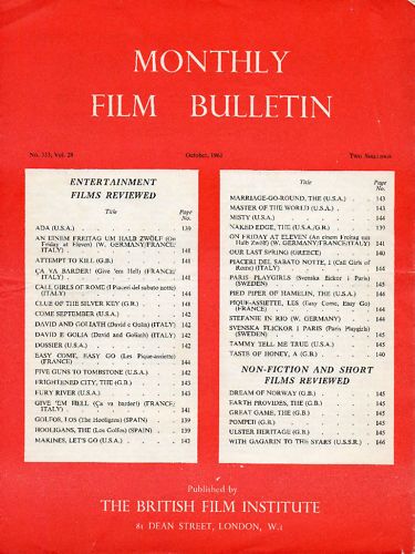 MONTHLY FILM BULLETIN magazine side cover Issue 333 October 1961