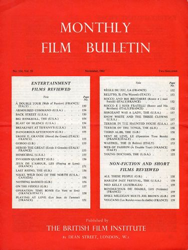 MONTHLY FILM BULLETIN magazine side cover Issue 334 November 1961