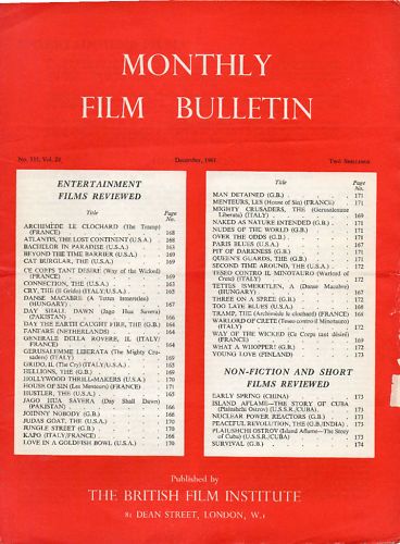 MONTHLY FILM BULLETIN magazine side cover Issue 335 December 1961