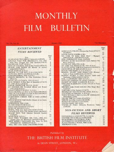 MONTHLY FILM BULLETIN magazine side cover Issue 336 January 1962