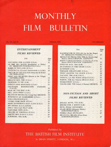 MONTHLY FILM BULLETIN magazine side cover Issue 337 February 1962
